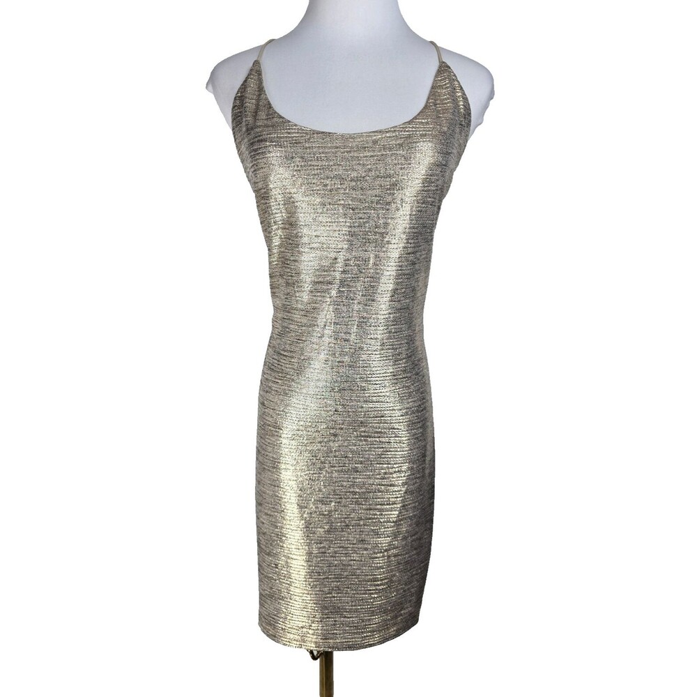 Alice + Olivia | Nelle Fitted Mini Dress Champagne Gold Metallic 12 NWT $275